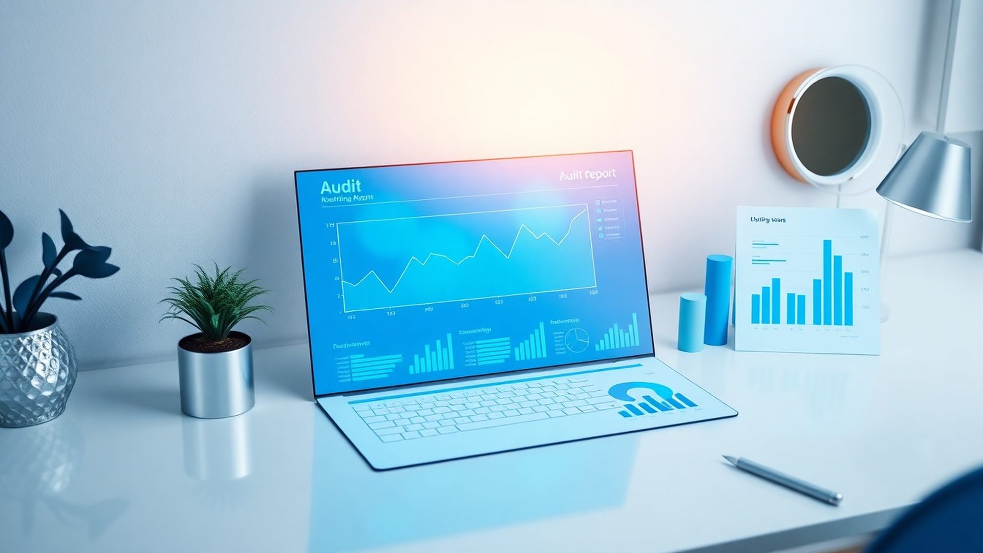 Analytický dashboard SEO auditu na svetlom pracovnom stole